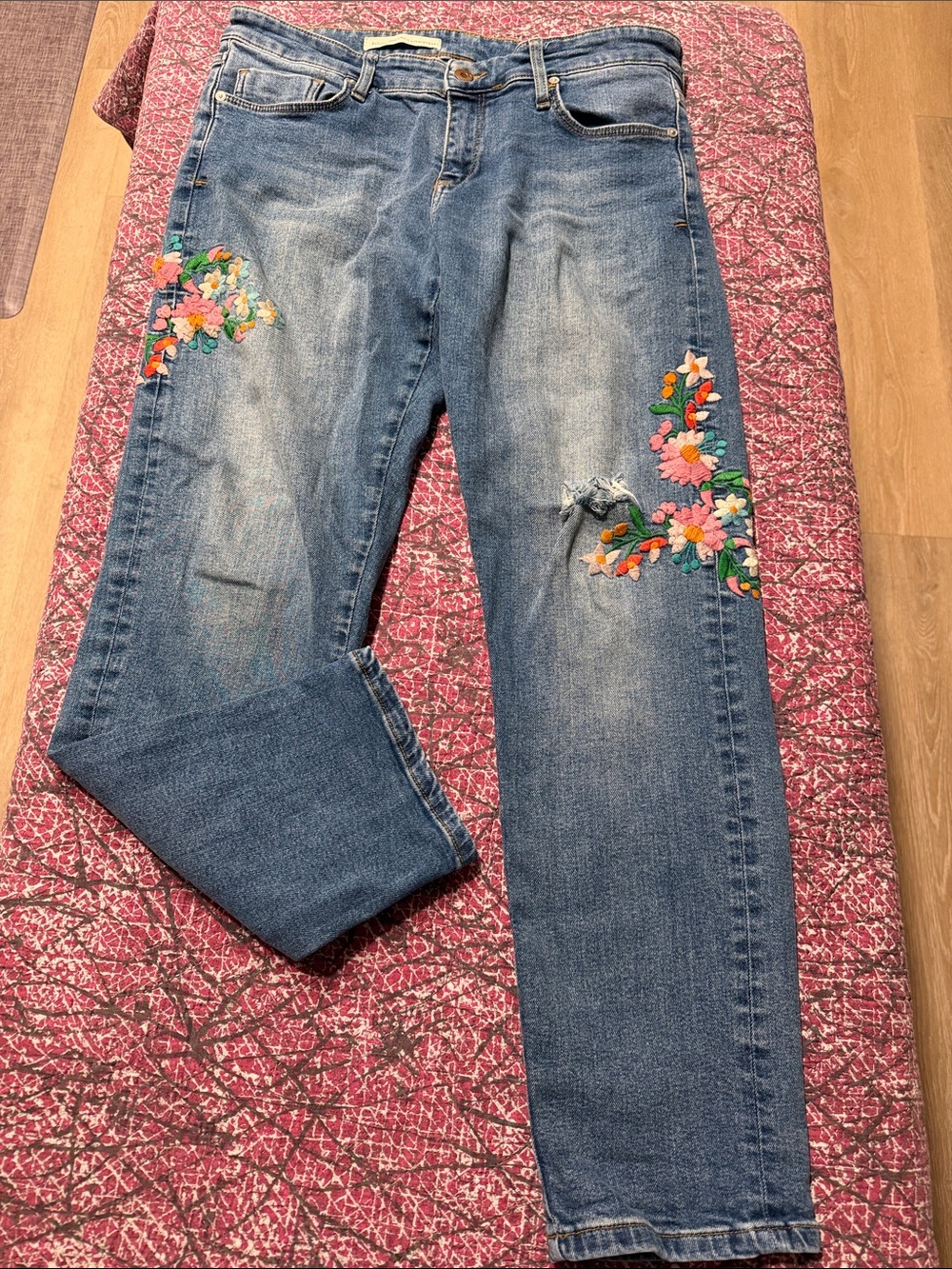 Pilcro and the Letterpress Blue Denim Boyfriend Jeans with Floral Embroidery
